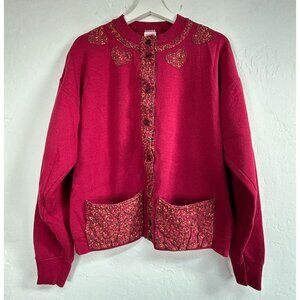 Vintage Fruit Of The Loom Womens Button Cardigan Sweater Red with Floral Accents